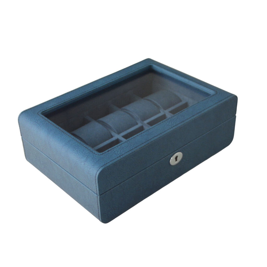 Blue watch display box angled view with glass lid and lock