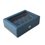Blue watch display box angled view with glass lid and lock