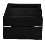 black watch case with glass display window and wood veneer finish