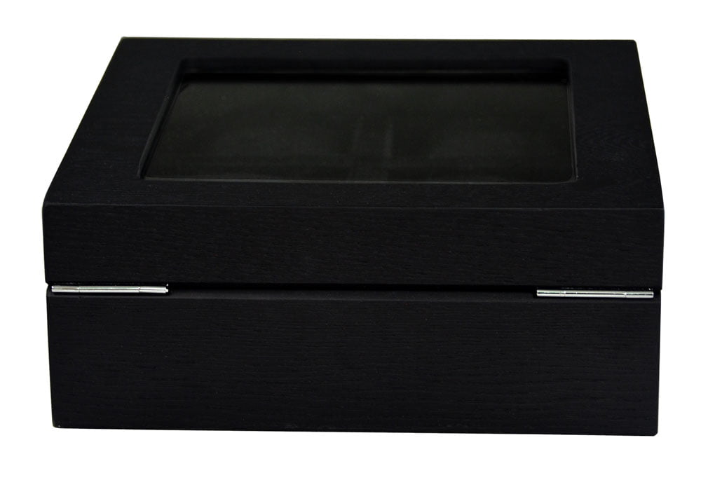 black watch case with glass display window and wood veneer finish