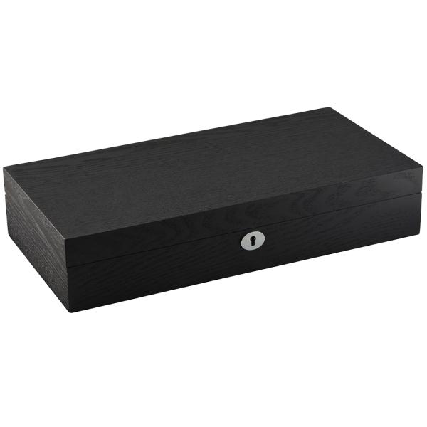 black wooden watch storage box with minimalist rectangular design
