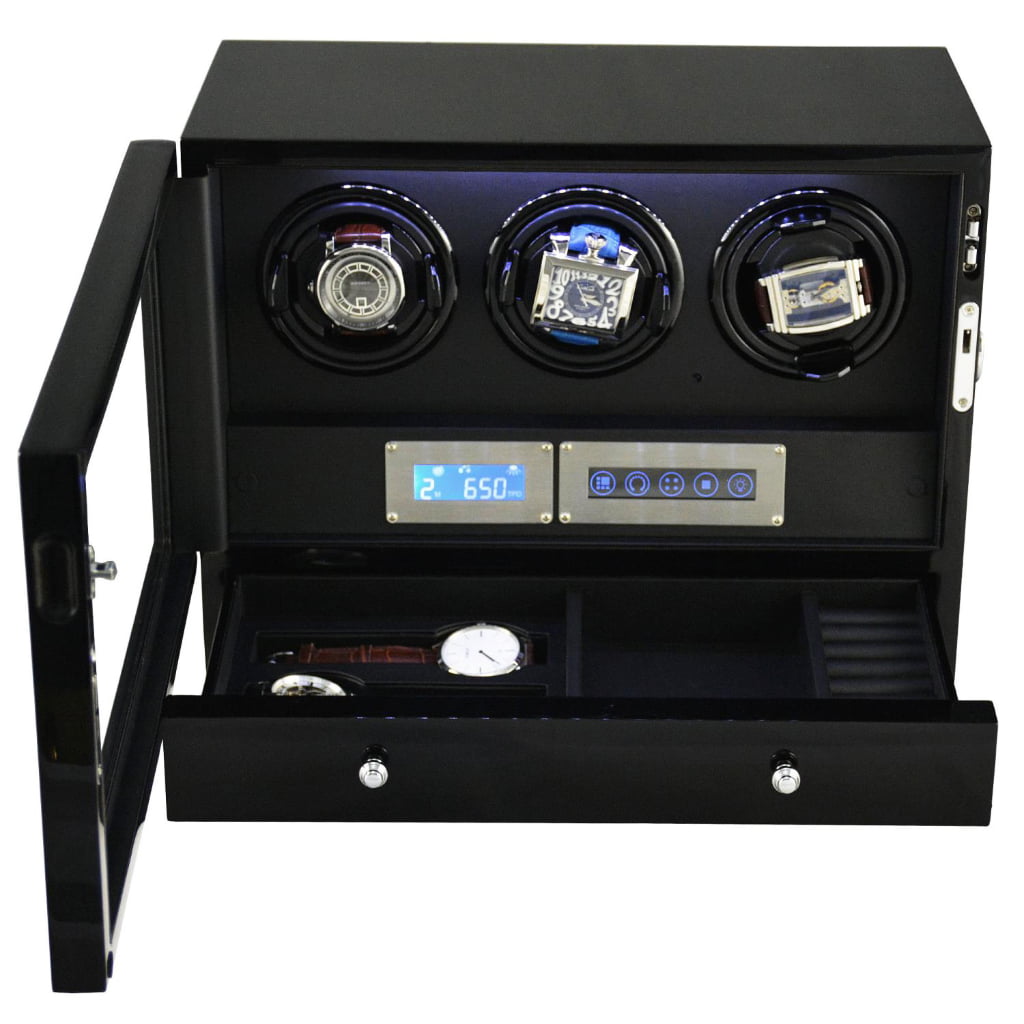 Black triple watch winder displaying three watches with touchscreen control and LED light