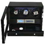 Black triple watch winder displaying three watches with touchscreen control and LED light