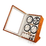 Eight watch winder with open tempered glass door, beige interior and lower watch storage section