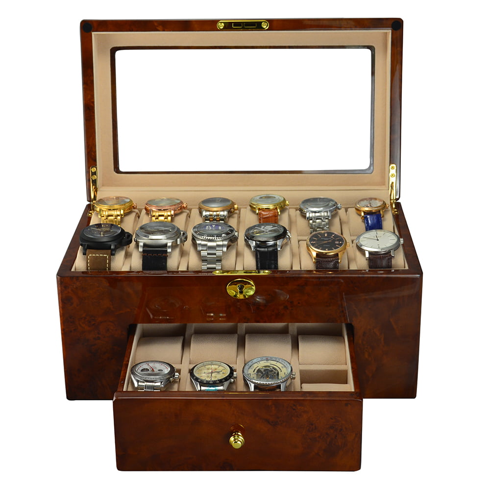 20 slot watch display box with velvet interior and watch cushions