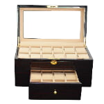 20 slot watch case displaying watches with beige velvet compartments