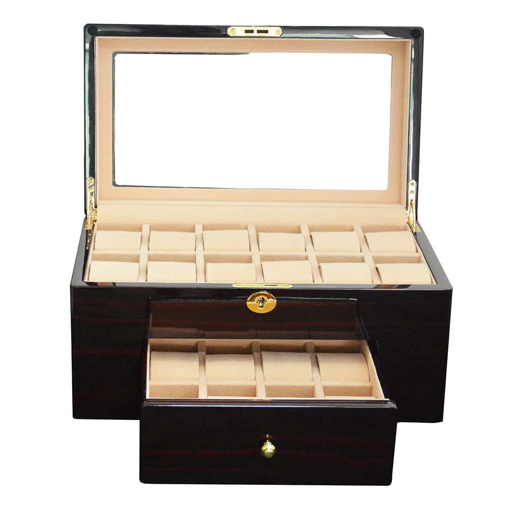 20 slot watch case displaying watches with beige velvet compartments