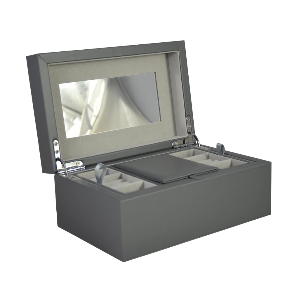 Gray PU Leather Jewelry Organizer Box with Removable Tray