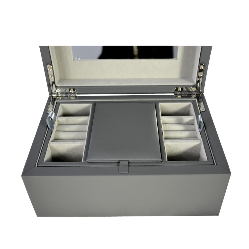 Gray PU Leather Jewelry Organizer Box with Removable Tray
