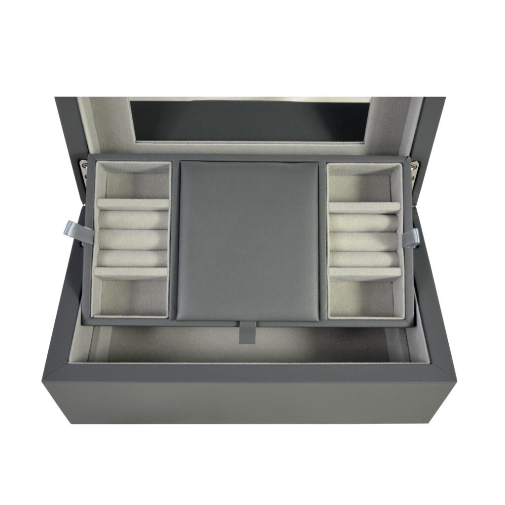 Gray PU Leather Jewelry Organizer Box with Removable Tray