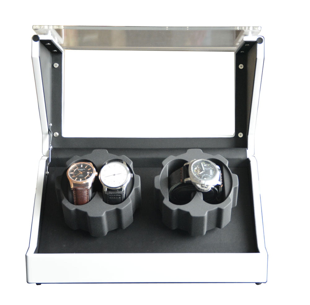 White 4-watch winder with open acrylic lid, black interior and two dual-watch winding modules