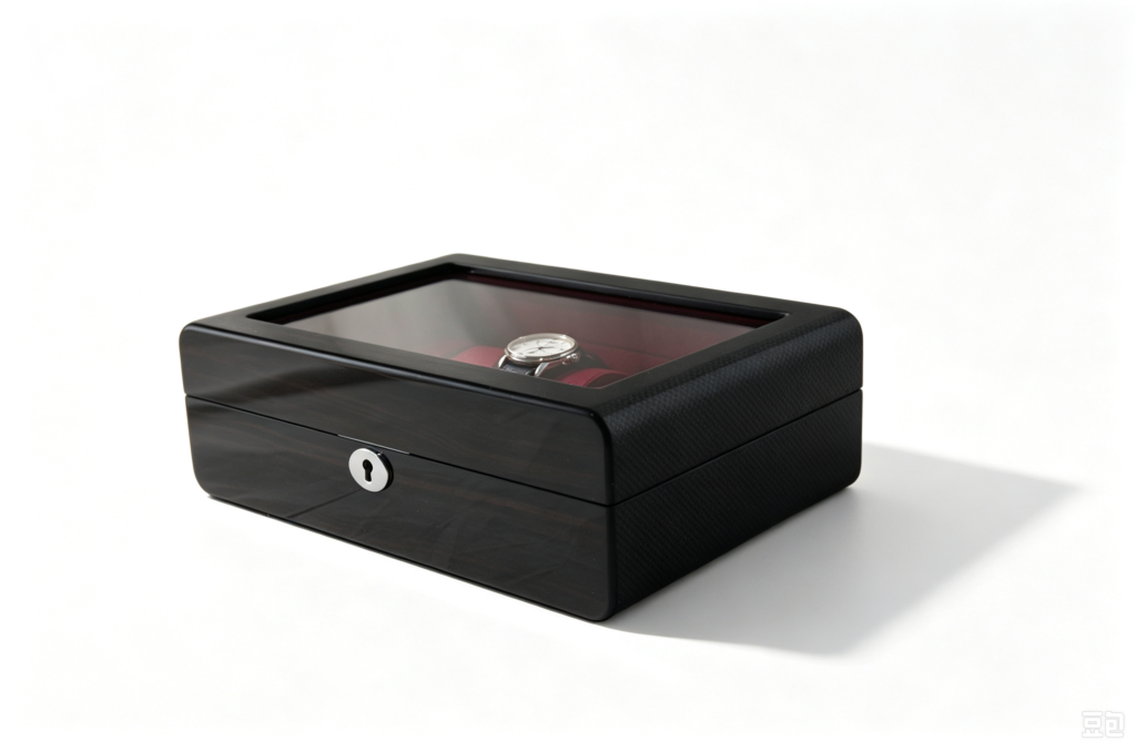 High Glossy Ebony Grain Spliced Carbon Fiber 10 Watch Case with Burgundy Velvet Interior