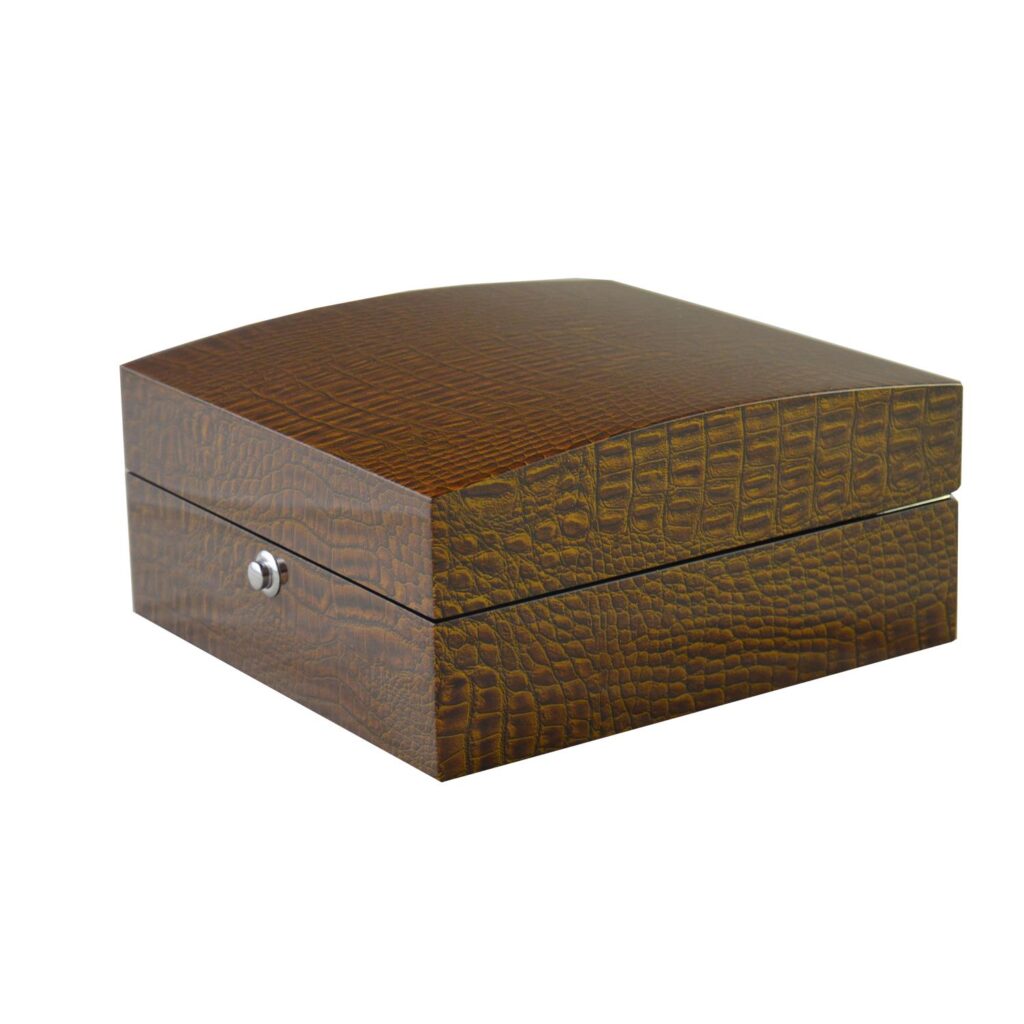 High Glossy Crocodile Grain Brown 6 Watch Case with Velvet Interior