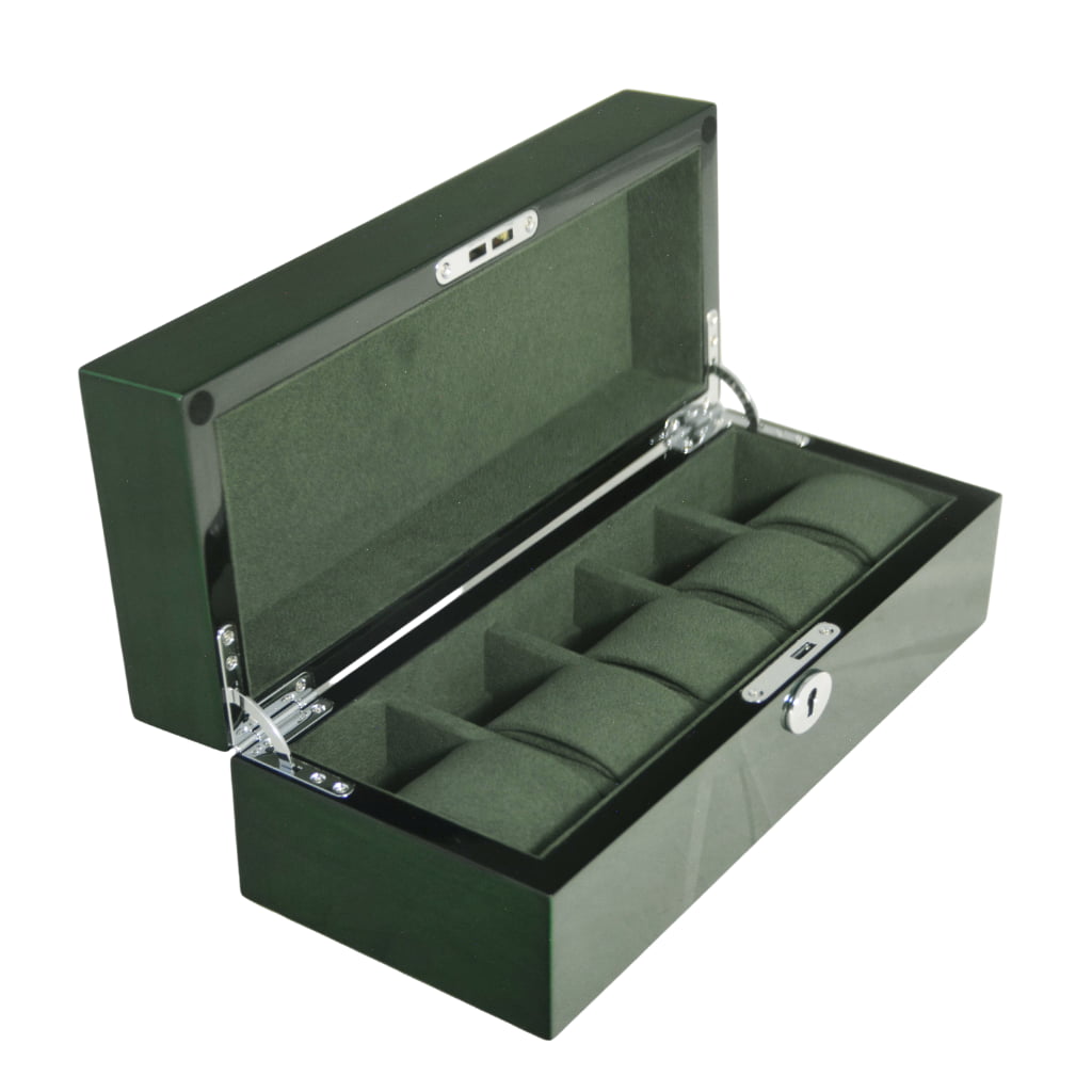 High Glossy Green Oak Grain 5 Watch Case with Velvet Interior
