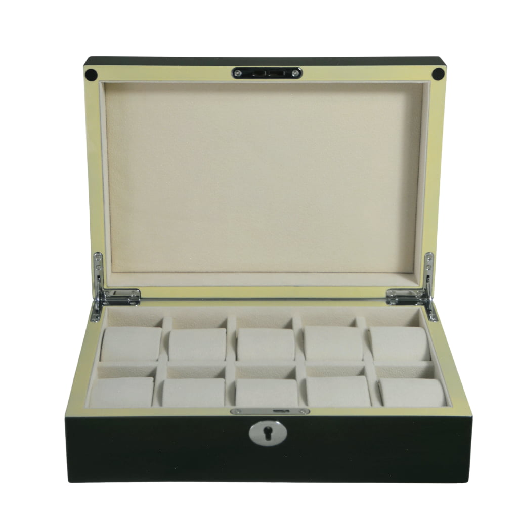 High Glossy Green Oak Grain 10 Watch Case with Ivory Velvet Interior