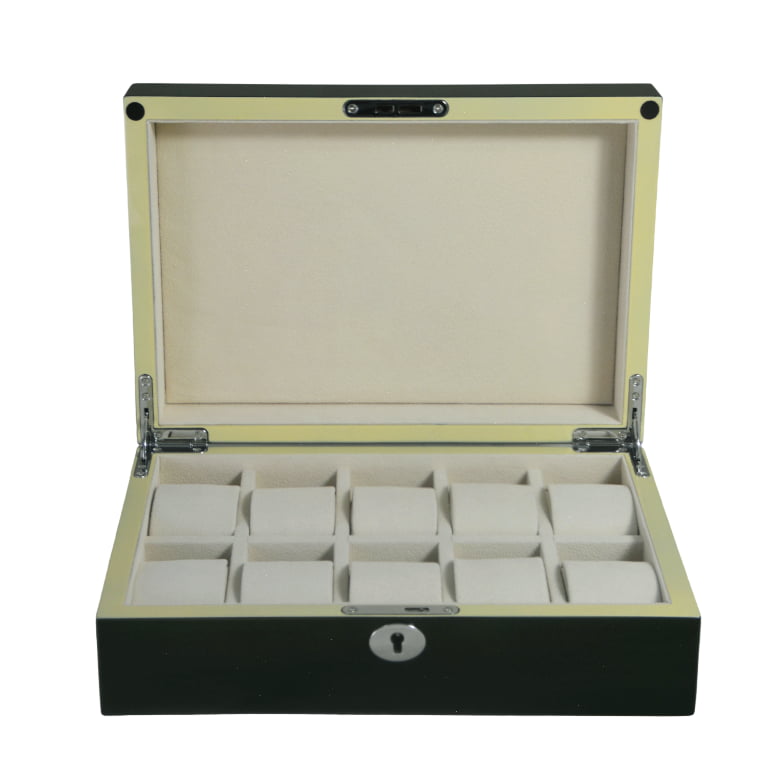 High Glossy Green Oak Grain 10 Watch Case with Ivory Velvet Interior