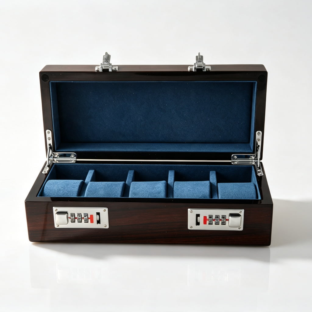 High Glossy Macassar Ebony Grain 5 Watch Case with Blue Velvet Interior and Combination Lock