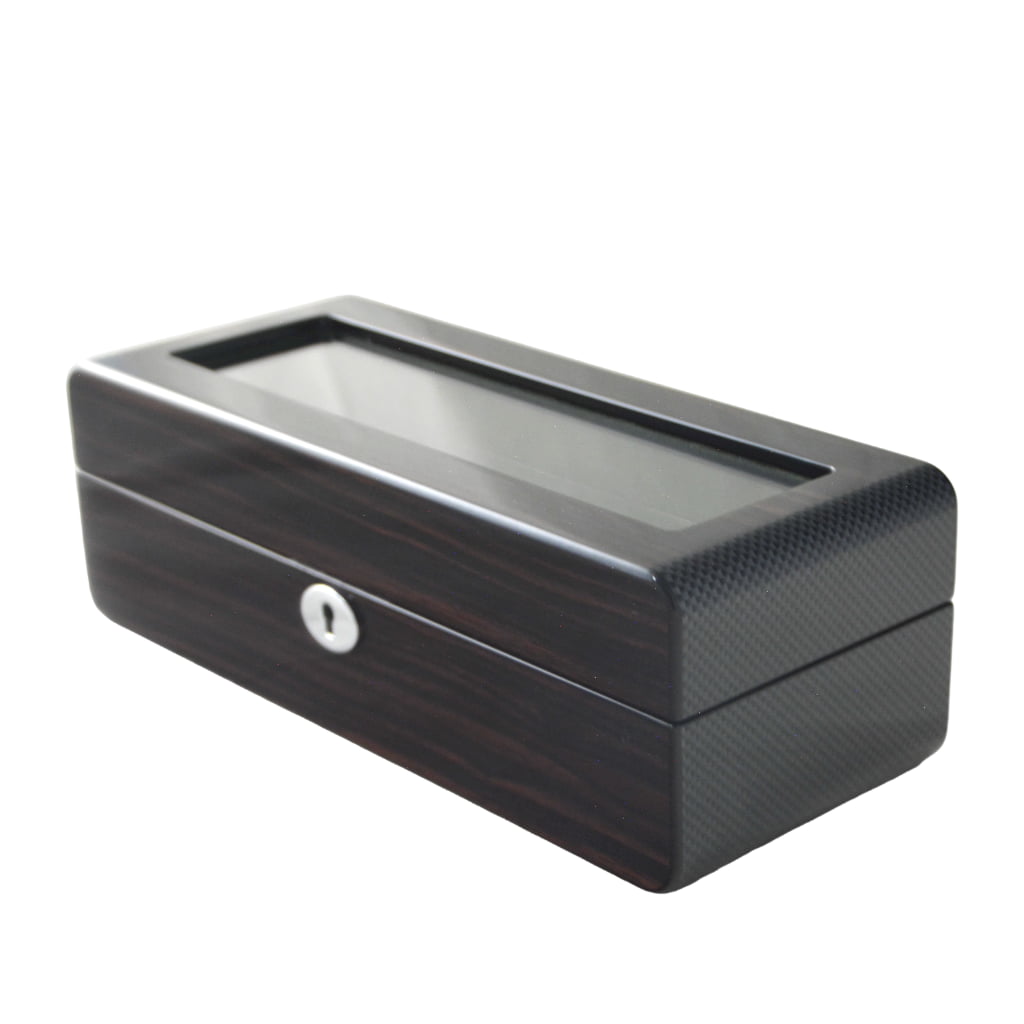 High Glossy Ebony Grain Spliced Carbon Fiber 5 Watch Case with Tempered Glass Display