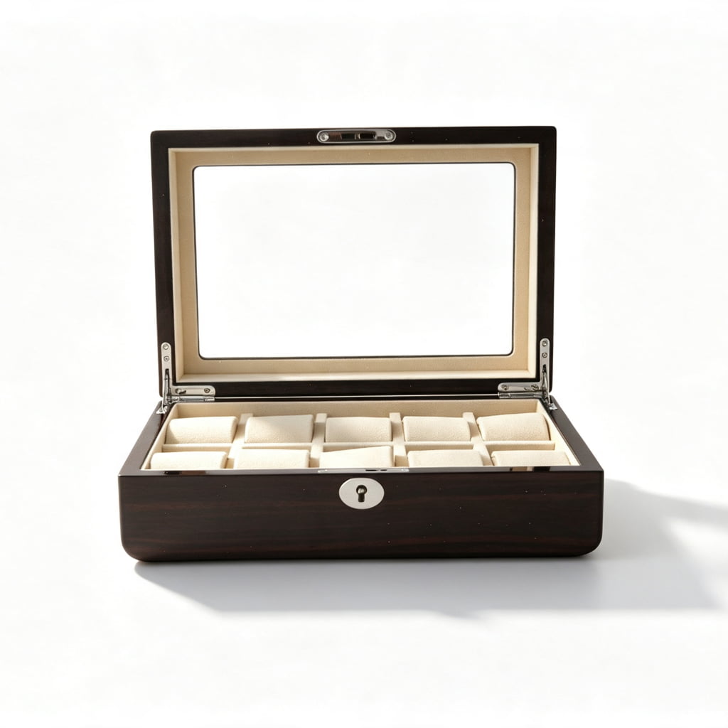 High Glossy Ebony Grain Spliced Carbon Fiber 10 Watch Case with Tempered Glass Display