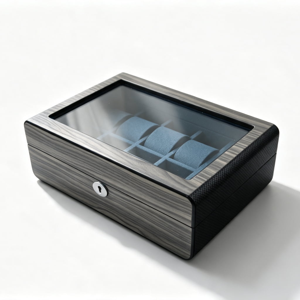 High Glossy Dark Oak Grain Spliced Carbon Fiber 5 Watch Case with Blue Velvet Interior