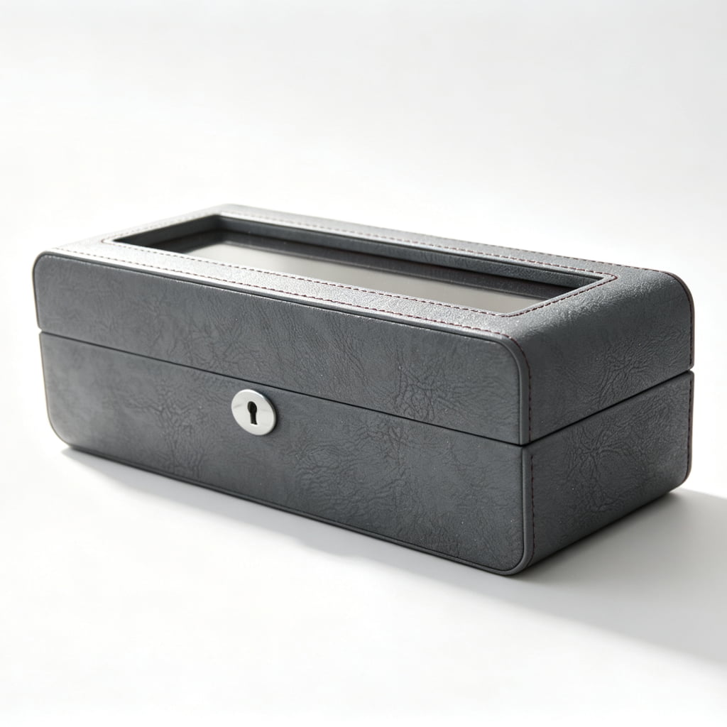 PU Leather Gray 5 Watch Case with Burgundy Velvet Interior