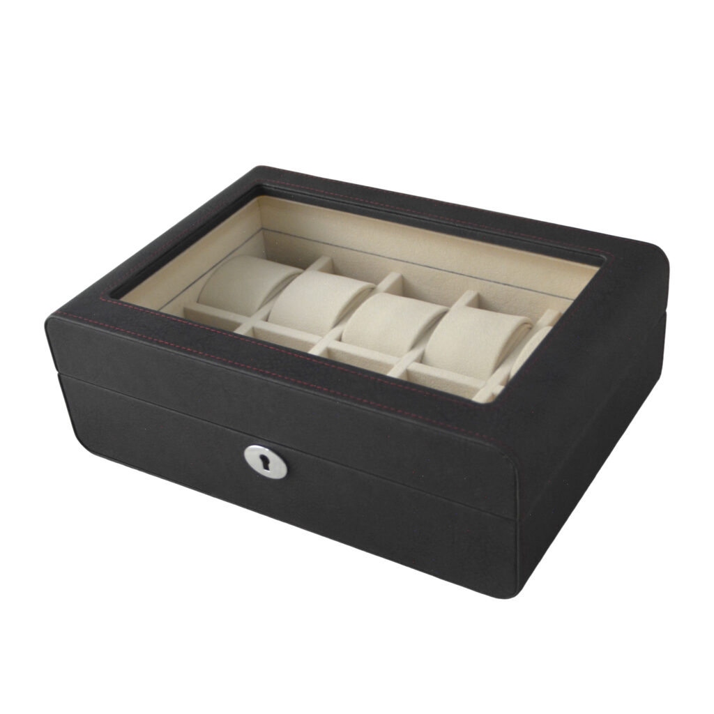 PU Leather Black 10 Watch Case with Grey Velvet Interior