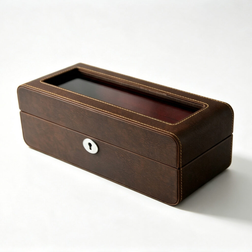 PU Leather Brown 5 Watch Case with Burgundy Velvet Interior