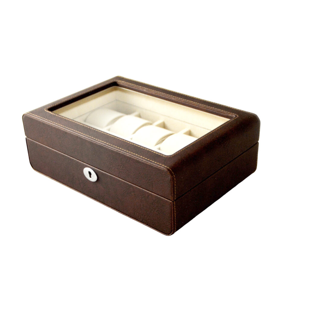 PU Leather Brown 10 Watch Case with Ivory Velvet Interior