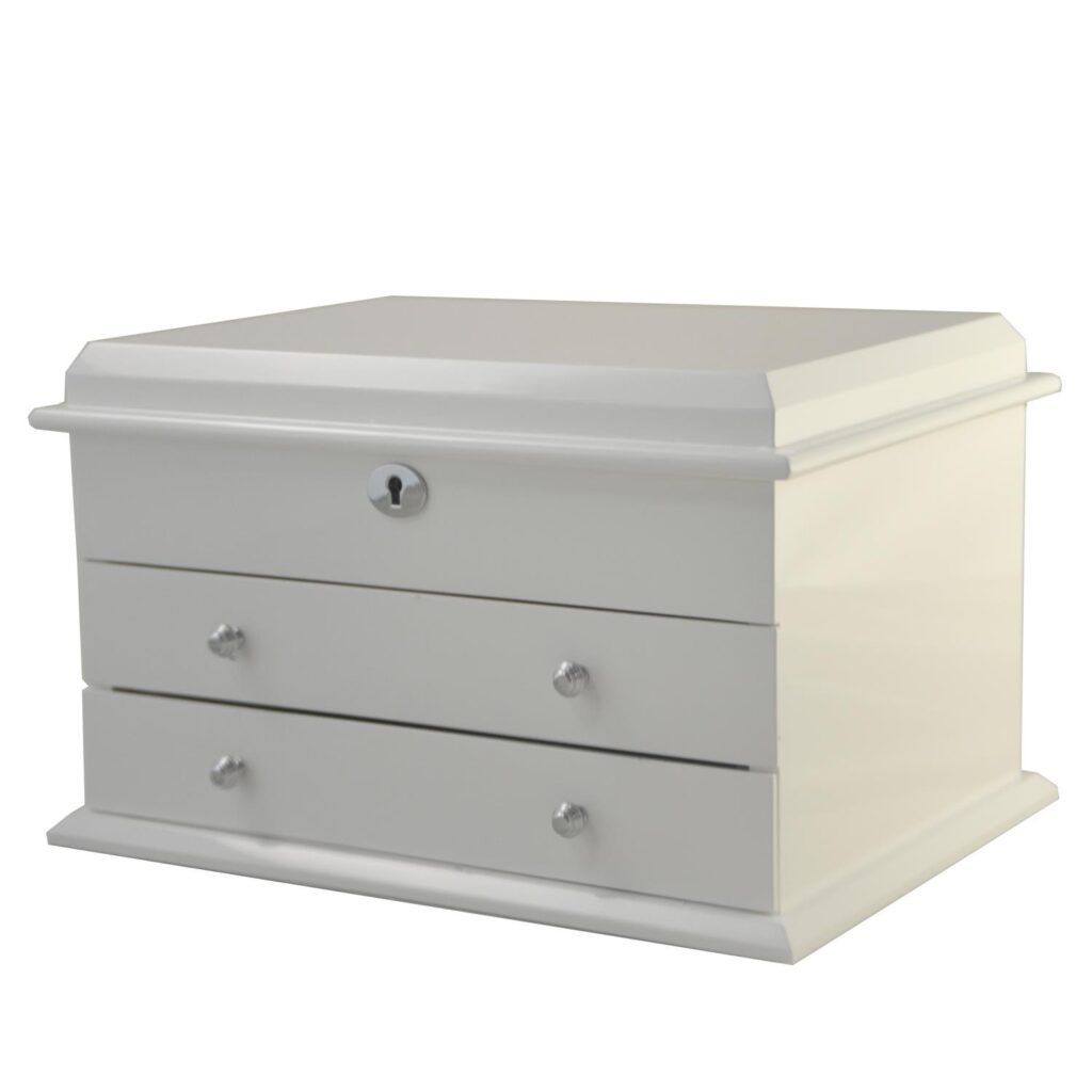 Jewelry collection box with glossy white lacquer exterior and silver hardware