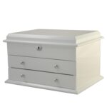 Jewelry collection box with glossy white lacquer exterior and silver hardware