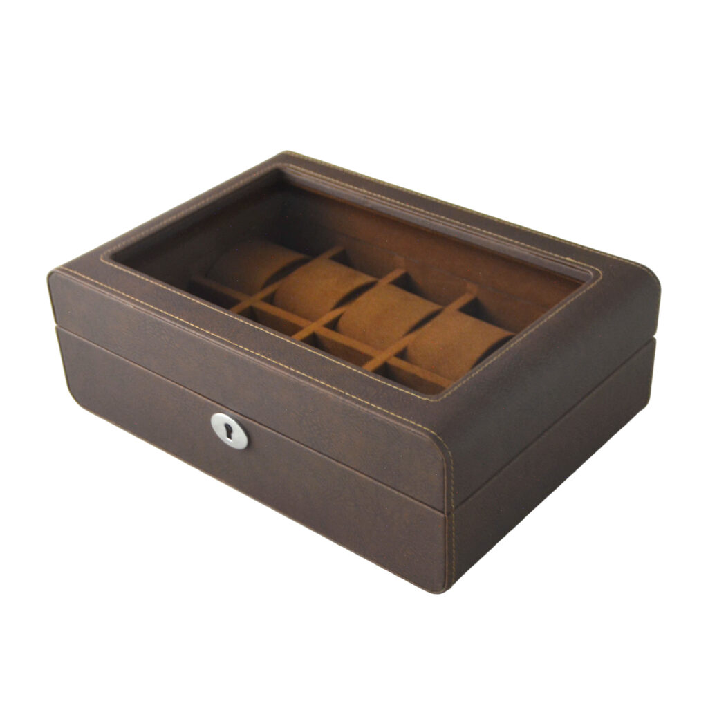 Open brown watch display case with organized watch compartments