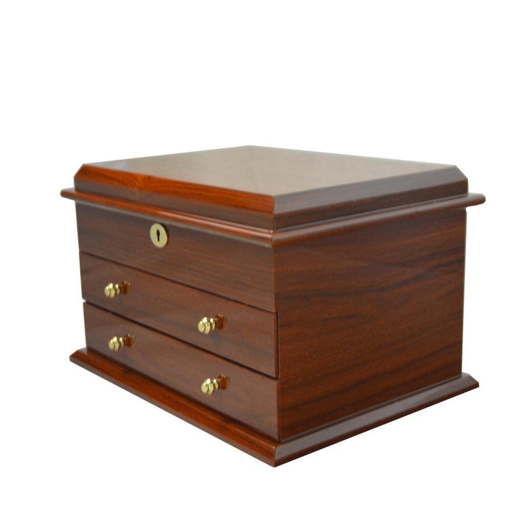 Teak jewelry case with glossy lacquer finish and drawer design