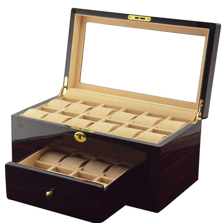 High Gloss Ebony 20 Slots Watch Case with Glass Display Window