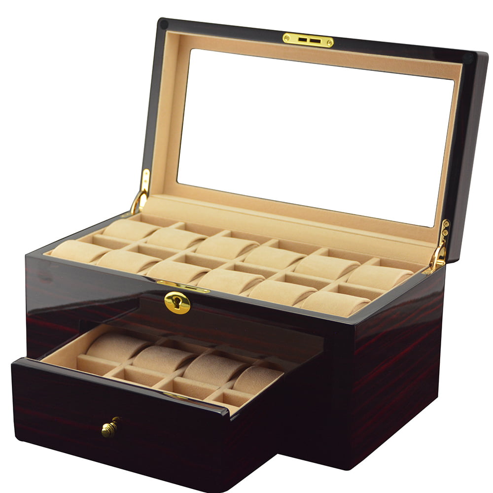 ebony watch case open with beige velvet interior and multiple watch compartments