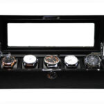 5 watch display case showing watches with black PU leather cushions