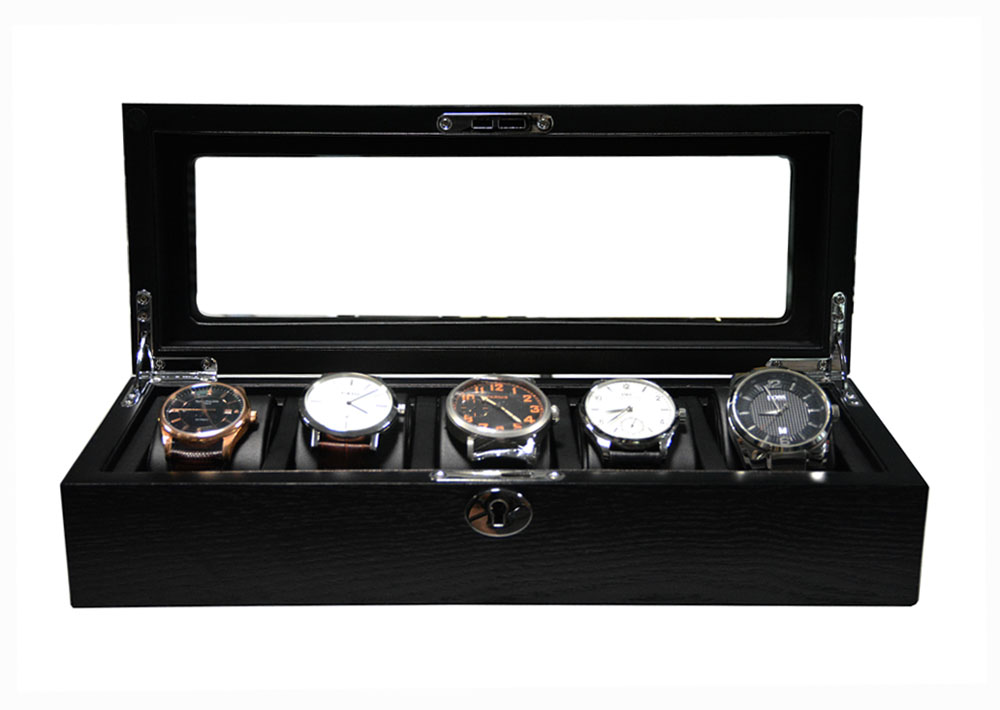 5 watch display case showing watches with black PU leather cushions