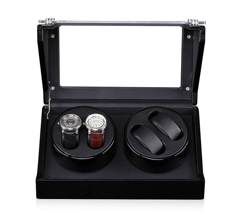 4-watch winder with open acrylic lid, black interior and two dual-watch winding modules
