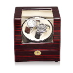 2-watch winder front view with ebony wood-grain finish, acrylic window and two watches