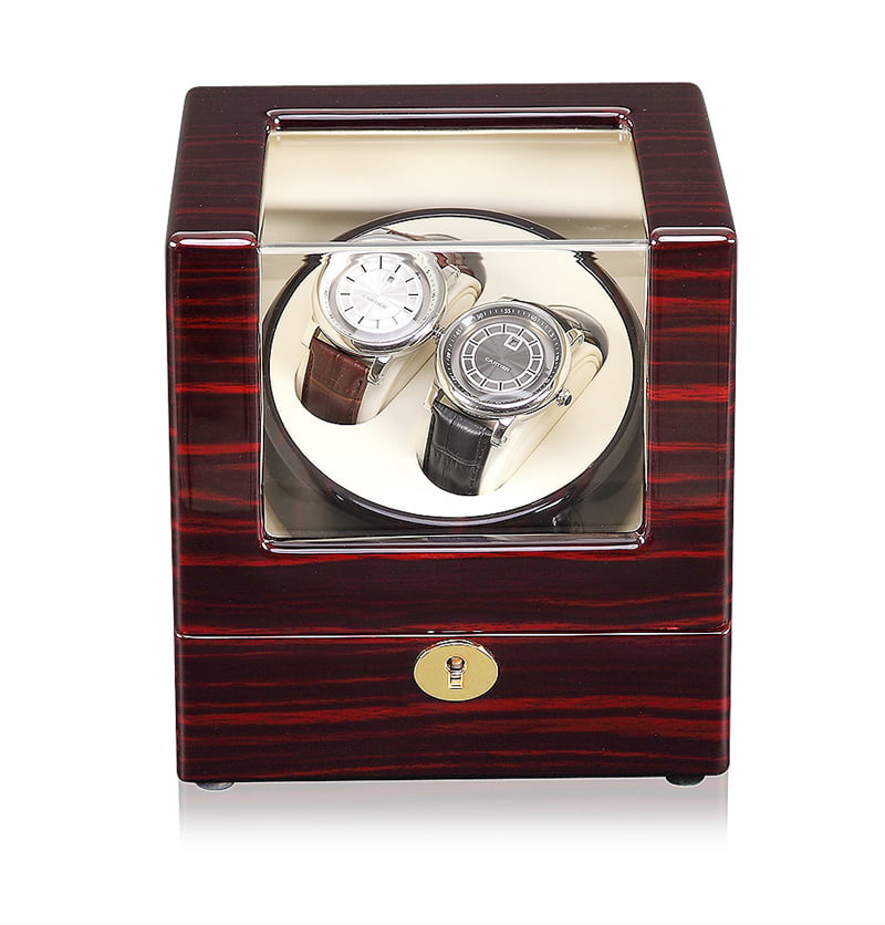 2-watch winder front view with ebony wood-grain finish, acrylic window and two watches