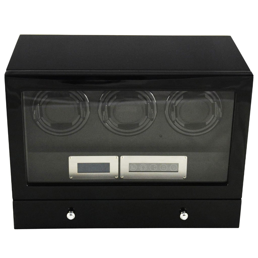 Black high-gloss triple watch winder with tempered glass front and lower storage drawer