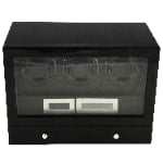 Black high-gloss triple watch winder with tempered glass front and lower storage drawer