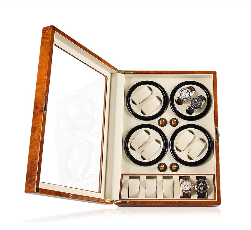 High-gloss wood finish watch winder with eight winding positions and five storage positions