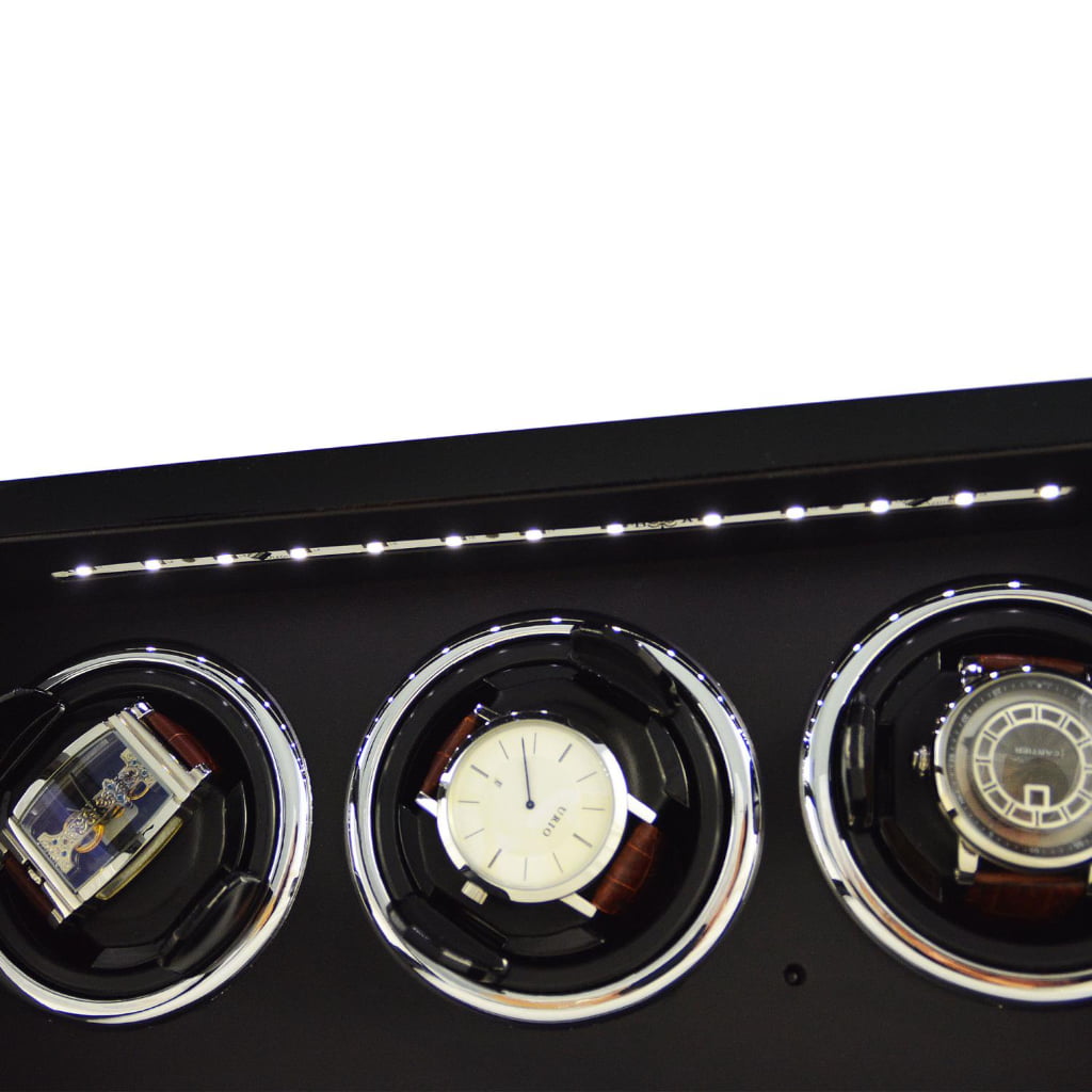 3 watch winder interior close-up with three watch holders and LED lighting