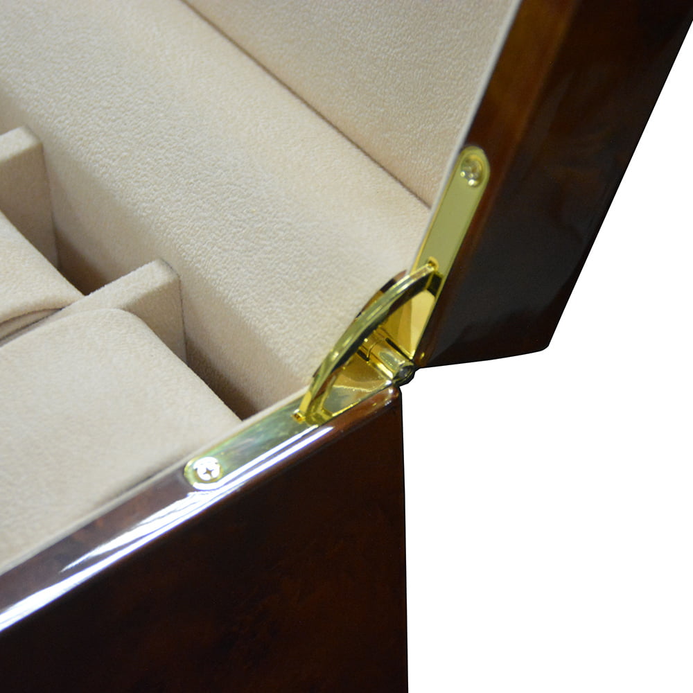 large watch display case with apricot velvet interior and storage compartments