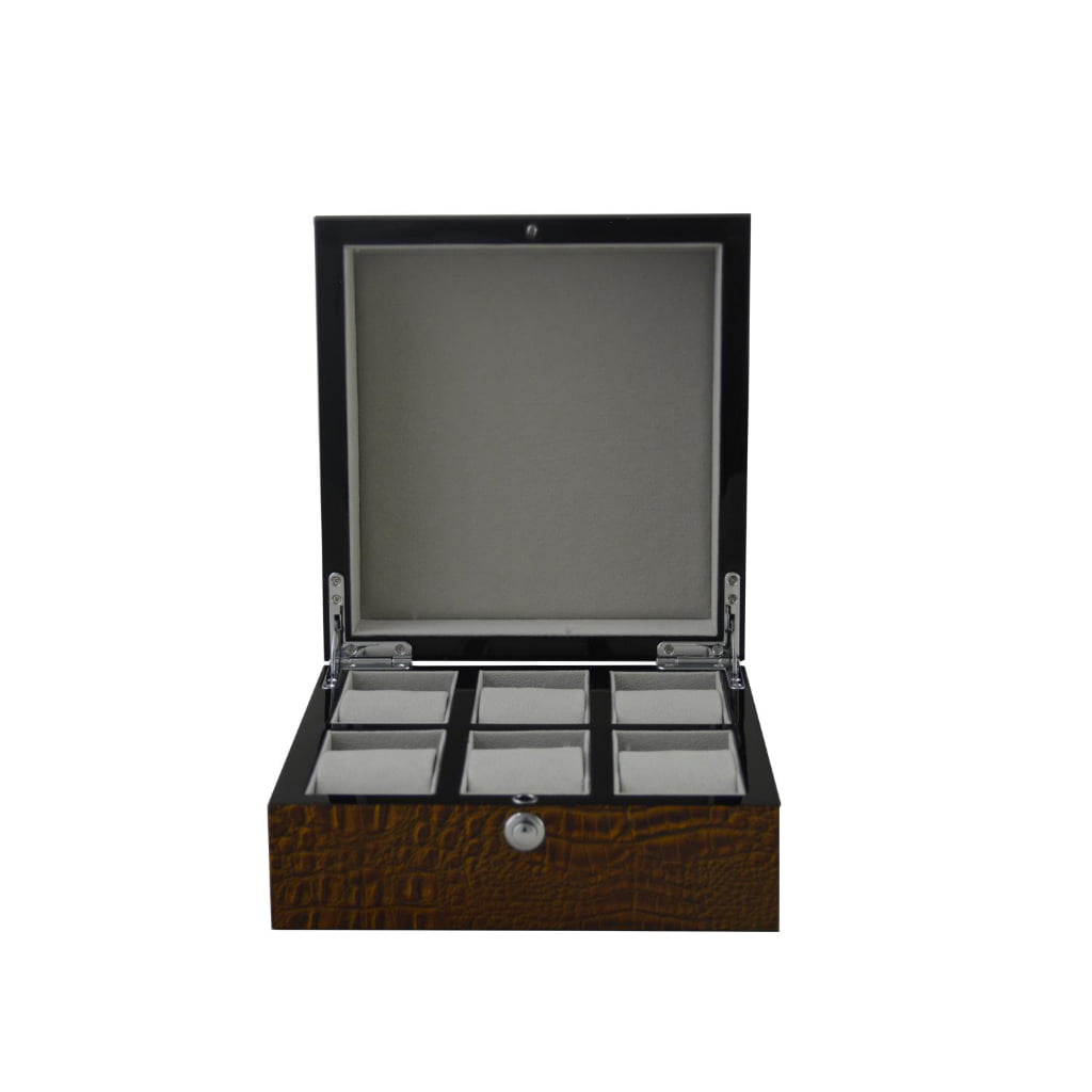 High Glossy Crocodile Grain Brown 6 Watch Case with Velvet Interior