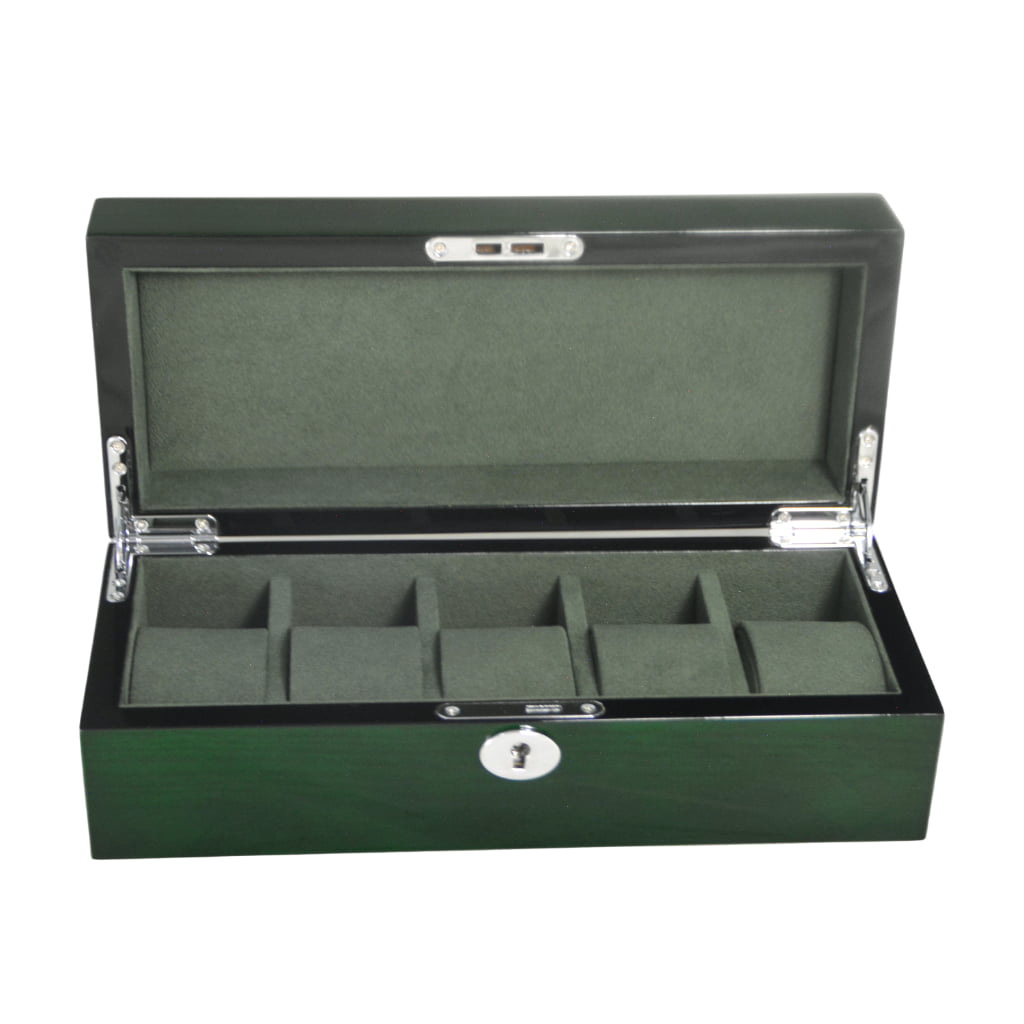 High Glossy Green Oak Grain 5 Watch Case with Velvet Interior