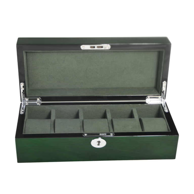 High Glossy Green Oak Grain 5 Watch Case with Velvet Interior