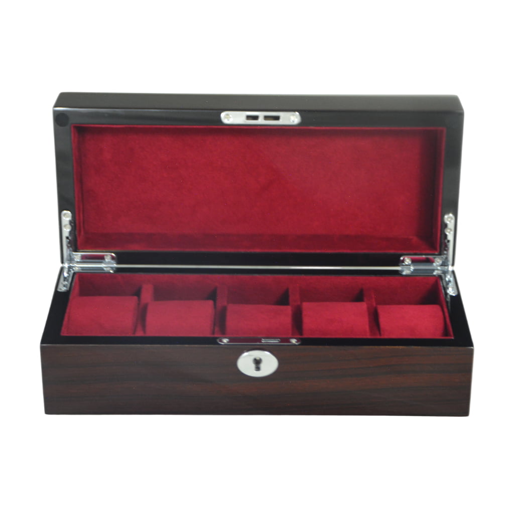High Glossy Macassar Ebony Grain 5 Watch Case with Burgundy Velvet Interior