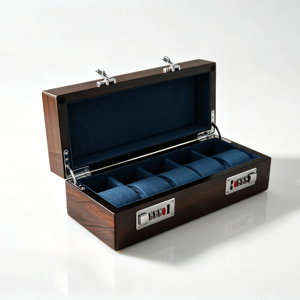 High Glossy Macassar Ebony Grain 5 Watch Case with Blue Velvet Interior and Combination Lock