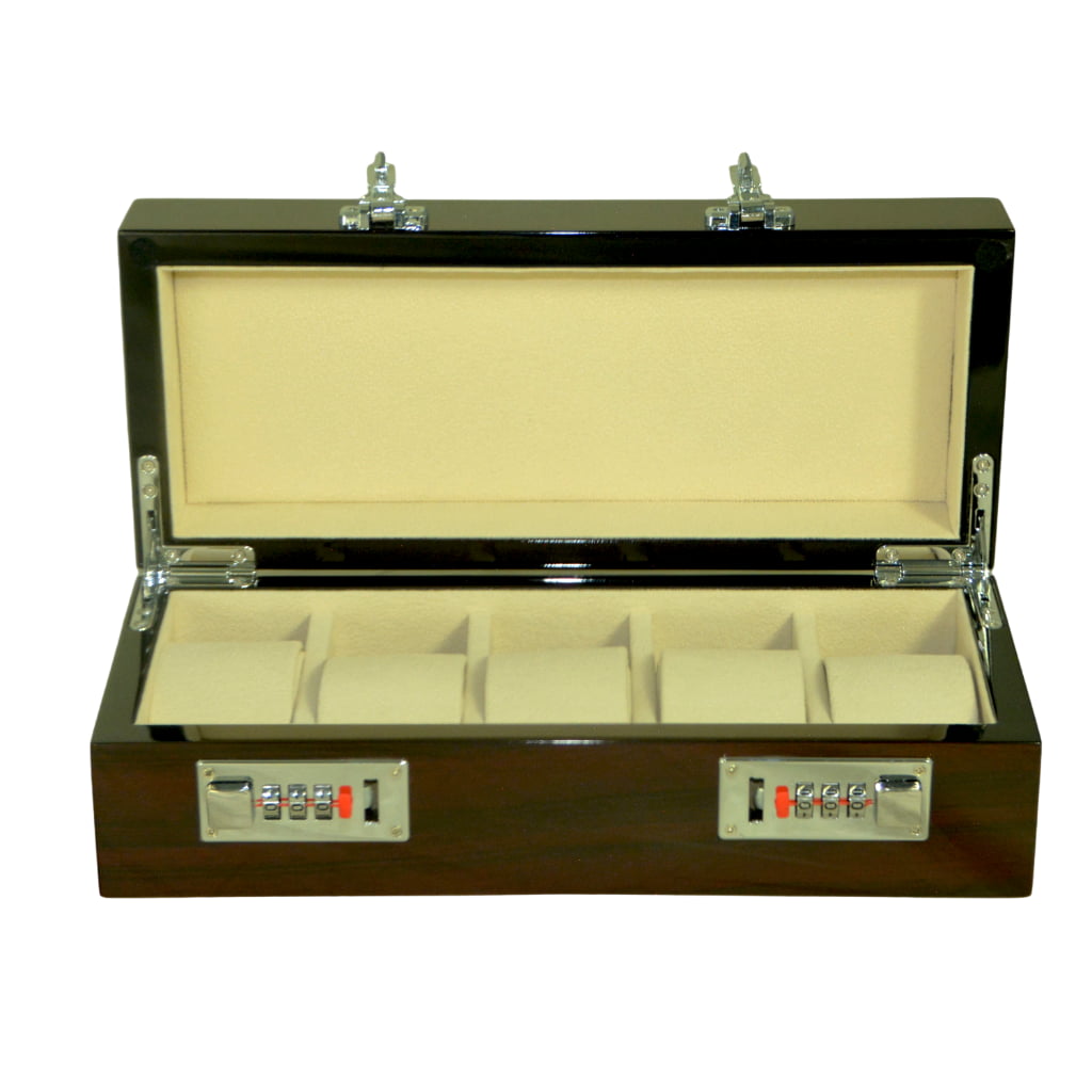 High Glossy Macassar Ebony Grain 5 Watch Case with Combination Lock
